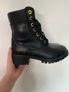 TCX Motorcycle Black Leather Lace-Up Waterproof Combat Boots with Gold Eyelets